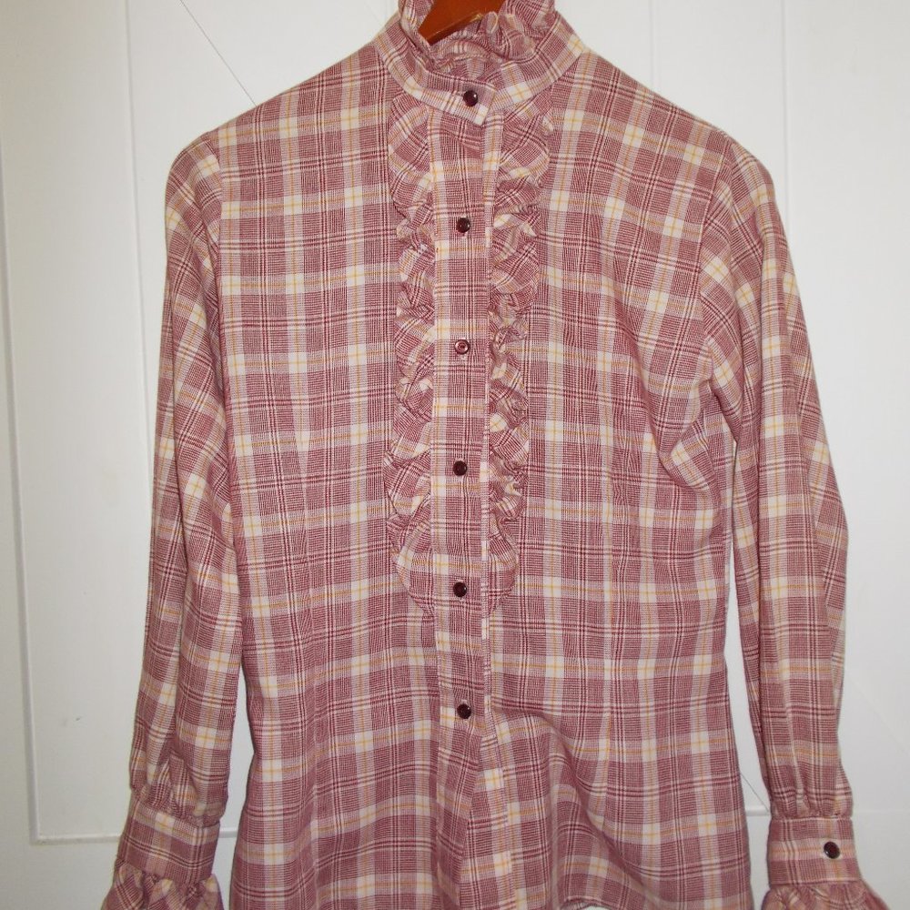 VTG Long Sleeve Button Up Plaid Ruffle Shirt Prairie Cottagecore Blouse
